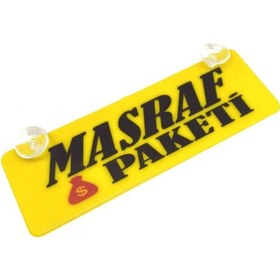 Resim Masraf Paketi Yazılı Sarı Dekor Plaka Vantuzlu Cam Süsü 