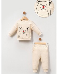 Resim Pamuklu Relaxed Animal Detaylı Yumuşak Doku Erkek Bebek Takım Bej 