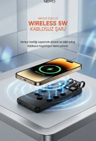 Resim Powerbank 12.000 Mah Wireless Standlı Vantuzlu Dahili Çoklu Kablo 4in1 Kablolu Ve Kablosuz Siyah 