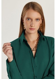 Resim Tudors Kadın Slim Fit Dar Kesim Uzun Kollu Pamuklu Vücuda Oturan Dokulu Yeşil Basic Gömlek-38817 Yeşil 