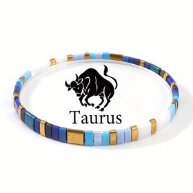 Resim Yeni Bahar ve Yaz Koleksiyonu Taurus Yıldızı - El Yapımı Mavi ve Beyaz Cam Boncuk TILA Elastik Çizgi Bileklik Takı 