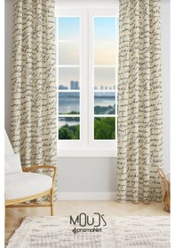 Resim Krem El Yazısı Desenli Süet Oturma Odası Salon Fon Perde Ekstrafor Büzgü 2 Kanat Prd-1096 Çok Renkli 