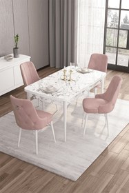 Resim Canisa Are Serisi 80x132 Mdf Açılabilir Beyaz Mermer Desen Masa Takımı Ve 4 Pembe Sandalye 