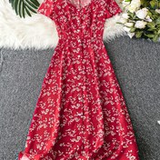Resim Kadınlar için Şık Çiçek Desenli A-Line Elbise - Kısa Kollu, Yuvarlak Yaka, Hafif Polyester, Bahar/Yaz/Sonbahar için Mükemmel, Çiçek Desenli Elbise 