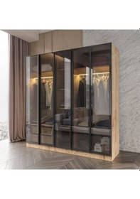 Resim Yıldız Füme Camlı Alimünyum Kapaklı 2 Çekmeceli Giyinme Dolabı Led Askılıklı Tamamı Mdf Safir Meşe 