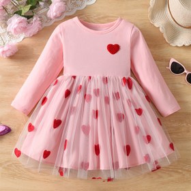 Resim Kızlar için Nakışlı Kalp Tasarımlı Uzun Kollu Elbise - Pembe Tül A Kesim Diz Boyu Günlük İlkbahar/Sonbahar Yuvarlak Yaka, Sadece Elde Yıkama, Kız Çocukları İçin Elbiseler 