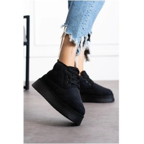 Resim Günlük Kadın Bot Kalın Yüksek Taban Bağcıklı Kürklü Astarlı Oval Burunlu Rahat Bootie U15 Siyah 