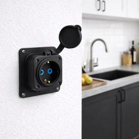 Resim Badem10 Kauçuk Duvar Prizi Tekli Siyah 16A Dayanıklı Gövde Güvenli Elektrik Prizi Iç ve Yarı Dış Mekan 
