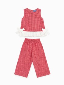 Resim L' Atelier MiDuMi Çocuk, Kız, Kırmızı Ekoseli/Kareli Dokuma Pantalon ve Kurdele Detaylı Bluz Takımı (Sıvı Geçirmez Organizer Hediyelidir.) 