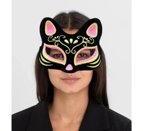 Resim Marsilyan Siyah Renk Süet Kaplama Üzeri Pembe Sarı Simli Kedi Maskesi 17x14 cm (K95) 