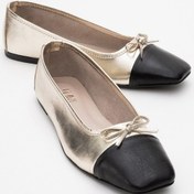 Resim Romy Altın-siyah Cilt Hakiki Deri Küt Burunlu Fiyonklu Kadın Babet Ayakkabı Altın - Siyah 