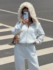 Resim Kadın Gri Fermuarlı Kapüşonlu Sweatshirt Eşfoman Takımı Kürklü Kapüşon, Cepli, Rahat Kalıp Gri 