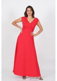 Resim Neşeli Butik Kadın Omuz Detaylı Kayık Yaka Uzun Abiye Elbise Nb8076 Kırmızı 