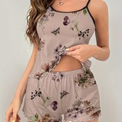 Resim Çiçek Desenli Pijama Takımı, Bisiklet Yaka Cami Üst ve Marul Trim Şort, Kadın Pijama ve Ev Giyimi 