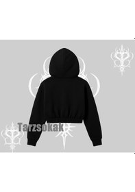 Resim Kapşonlu Crop Sweatshirt Oversize Anime Kız Baskılı Siyah 