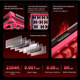Resim Aula Ag60 Pro Alüminyum Manyetik Klavye Hall Effect Aether Switch 8000hz Rgb Tkl Hot Swap Oyuncu Klavyesi Kırmızı 