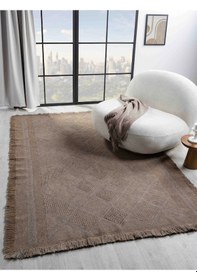 Resim Antique Spt Light Brown - Dört Tarafı Saçaklı Pamuklu Yıkanabilir Kilim Kahverengi 