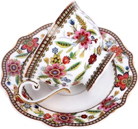Resim Çiçek Bone China Çay Fincanı, 200 ml, Porselen Vintage Fincan ve Tabak - Kırmızı 