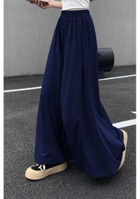 Resim Tarz Cool Kadın 2 İplik Oversize Bol Paça Tasarım Eşofman Altı Yüksek Bel Rahat Model Lacivert 