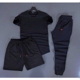 Resim 3'lü Slim Fit Unisex Tshirt - Şort - Eşofman Kombin Siyah Düz Siyah 