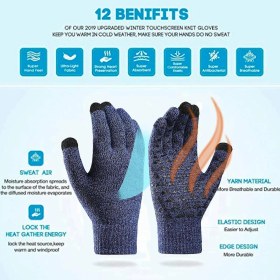 Resim Örgü Eldiven Kış Sıcak Eldivenler, Rüzgar Geçirmez Kaymaz Dokunmatik Ekran Eldivenleri Erkekler Ve Kadınlar İçin Koyu Mavi 