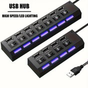 Resim Yüksek Hızlı USB 2.0 Splitter - 4/7 Portlu, LED Göstergeli Anahtar, PC ve Mac Bilgisayarlarla Uyumlu, Blac 