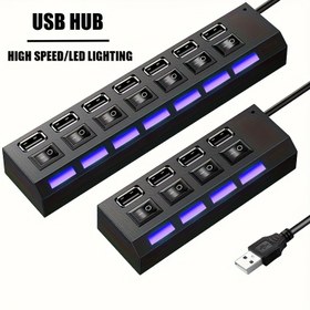 Resim Yüksek Hızlı USB 2.0 Splitter - 4/7 Portlu, LED Göstergeli Anahtar, PC ve Mac Bilgisayarlarla Uyumlu, Blac 