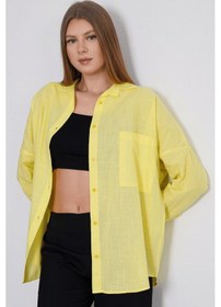 Resim Paw Garage Kadın London Keten Tek Cepli Oversize Gömlek, Premium Kalite Keten Gömlek Sarı 