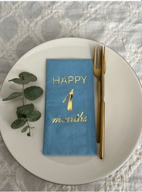 Resim Gold Yaldızlı Mavi Happy 1 Yaş Months Garson Katlama Peçete 16 Adet 