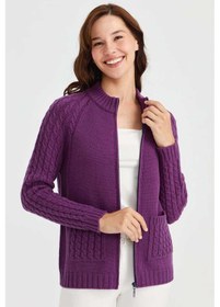 Resim Desen Triko Kadın Dik Yaka Cebi Ve Kolu Saç Örgü Yün Hırka 23203 A.mor Mor 