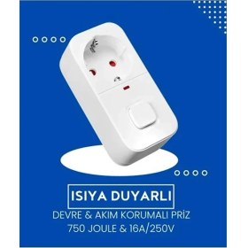 Resim Zenvia Isıya Duyarlı Devre ve Akım Korumalı Duvar Tekli Anahtarlı Priz Fiş 16A/250V 750 