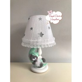 Resim Bebek Çocuk Odası Abajur Ay Ayıcık Su Yeşili Gri Ayıcıklı 