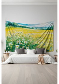 Resim Papatya Tarlası Desenli Duvar Halısı Duvar Örtüsü Tapestry Süet Dokulu Kumaş 