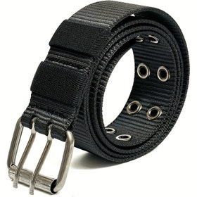 Resim Unisex Ağır Hizmet Tipi Naylon Kemer - Ayarlanabilir Çift Tokalı ve Çok Delikli Tasarım, Siyah Günlük Kullanım için Dayanıklı Metal Toka ile Kot Pantolon ve İş Kıyafetleri İçin 