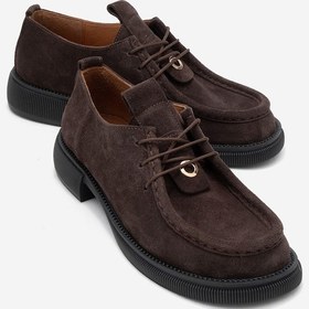 Resim Luvi Shoes Band Kahverengi Süet Hakiki Deri Bağcıklı Kadın Loafer Ayakkabı Kahverengi 