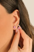 Resim TEK TARZIM TAKI Minimal Pembe Tek Taş Gümüş Küpe 5 Mm Tek Taşlı 