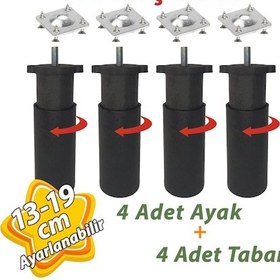 Resim 4 Adet Destek Ayağı 13-19 Cm Siyah Ve 4 Adet Metal Düz Ayak Tabanı M8 Civatalı İnce Diş Mobilya Kanepe Baza Koltuk Seti 
