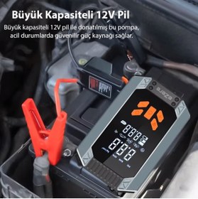 Resim EZERE ST-9632D 4in1 Güçlü 150 PSI Hava Kompresörü, Akü Takviye & Powerbank Dijital Lastik Şişirme Pompa 