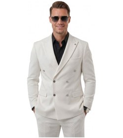 Resim Deep Sea Deepsea Erkek Beyaz Slim Fit Kruvaze Takım Elbise Likralı Çizgili Dokulu Metal Düğmeli 2600820 