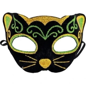 Resim Siyah Kadife Sarı Yeşil Simli Kedi Maskesi 
