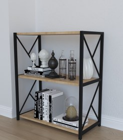 Resim Remaks 3 Raflı Metal Kitaplık Dergi Rafı Modern Raf Gazetelik - Meşe 