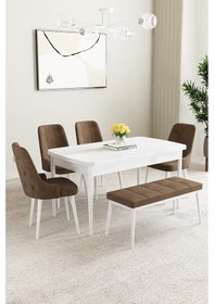 Resim Mabel Beyaz 80x132 Açılabilir Yemek Odası Takımı 4 Sandalye, 1 Bench Kahverengi 