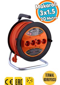 Resim NZB Seyyar Makaralı Uzatma Kablosu CCA 3x1.5 mm 20 Metre Termal Sigortalı Plastik 4 Prizli Monofaze 