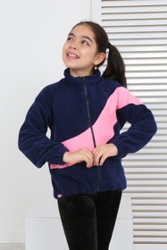 Resim Toontoy Kız Çocuk Dik Yaka Fermuarlı Renk Bloklu Reglan Kol Polar Hırka - Beli Ayarlanabilir Lastikl 
