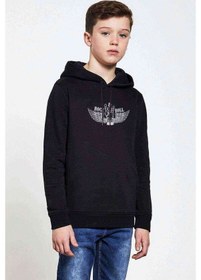 Resim Rock & Roll Kanatlı Baskılı Unisex Çocuk Kapüşonlu Siyah Sweat Siyah 