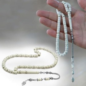 Resim 925 Ayar Gümüş Püsküllü Kapsül Kesim Pirinç İşlemeli Deve Kemiği Tesbih 