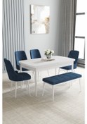 Resim Jusie Beyaz 80x132 Açılabilir Mutfak Masası Takımı 4 Sandalye, 1 Bench Lacivert 