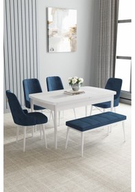 Resim Jusie Beyaz 80x132 Açılabilir Mutfak Masası Takımı 4 Sandalye, 1 Bench Lacivert 