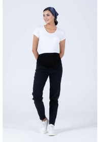 Resim Busa Hamile Esnek Karın Bantlı Beli Ayarlanabilir Büyük Beden Mom Fit Kot Pantolon Siyah-siyah 