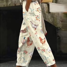 Resim Kadınların Hafif Geniş Bacaklı Harem Pantolonları, Cep Detaylı, Vintage Çiçek ve Tarla Hayvan Desenli, Bahar/Yaz Tatili, Plaj ve Günlük Giyim için Mükemmel - Polyester Kumaş, Sevimli Pantolonlar 